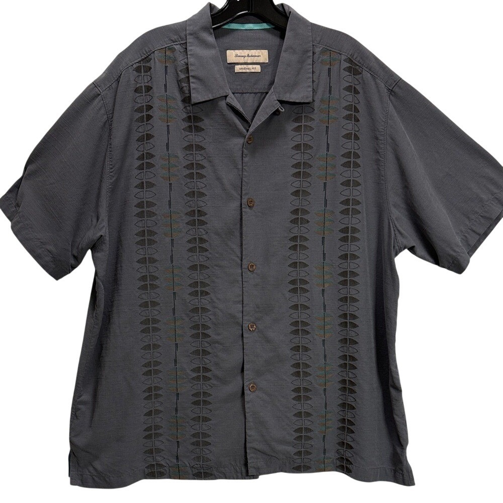 Tommy Bahama Silk blend Tribal tropical Charcoal Shirt embroidery orig fit XXL